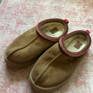 UGG Tan Suede Slip-Ons with Red Accents